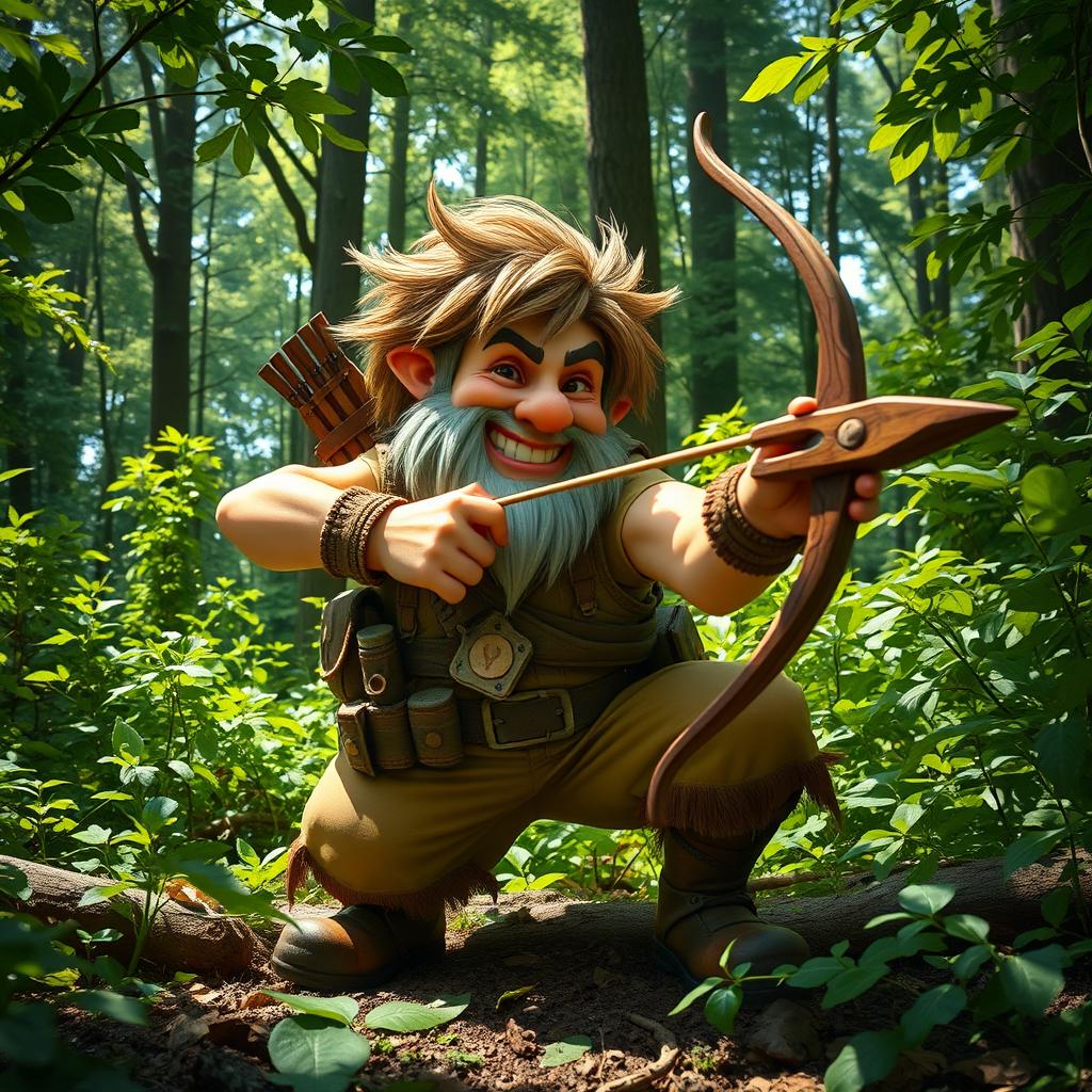 A wild gnome explorer, full of vitality and energy, crouching and ready to shoot with a short bow