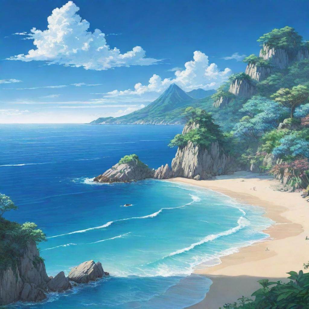 A breathtaking coastal landscape in Japanese anime style, featuring pristine beaches, vibrant blue waters and an enchanting sky, with distinct and detailed flora enveloping the scene.