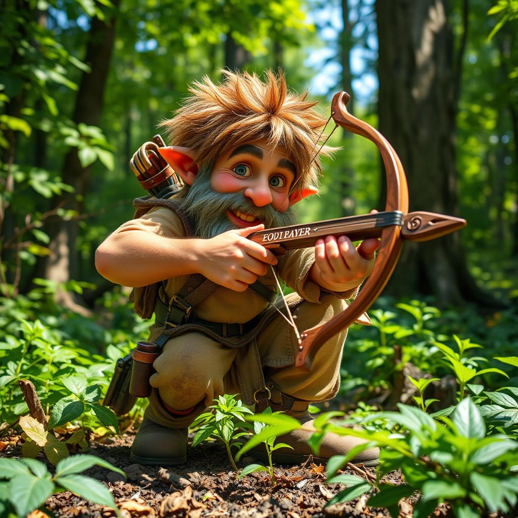 A wild gnome explorer, full of vitality and energy, crouching and ready to shoot with a short bow