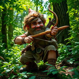 A wild gnome explorer, full of vitality and energy, crouching and ready to shoot with a short bow