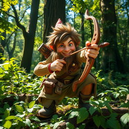 A wild gnome explorer, full of vitality and energy, crouching and ready to shoot with a short bow