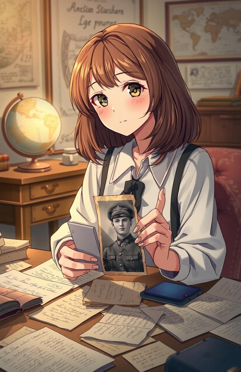 A beautifully illustrated anime style cover page depicting a young woman with shoulder-length brown hair styled in soft waves, sitting at a cozy desk