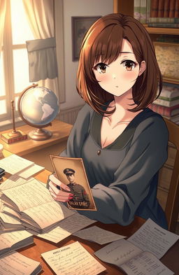 A beautifully illustrated anime style cover page depicting a young woman with shoulder-length brown hair styled in soft waves, sitting at a cozy desk