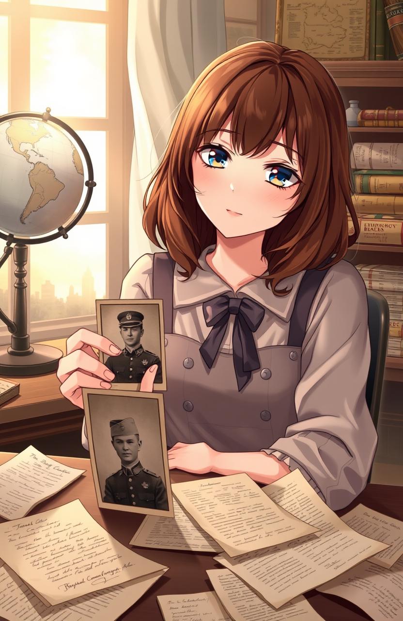 A beautifully illustrated anime style cover page depicting a young woman with shoulder-length brown hair styled in soft waves, sitting at a cozy desk