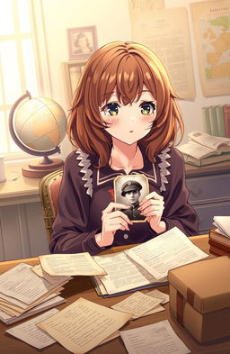 A beautifully illustrated anime style cover page depicting a young woman with shoulder-length brown hair styled in soft waves, sitting at a cozy desk