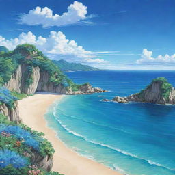 A breathtaking coastal landscape in Japanese anime style, featuring pristine beaches, vibrant blue waters and an enchanting sky, with distinct and detailed flora enveloping the scene.