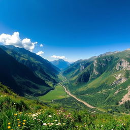 A breathtaking landscape view showcasing a lush, vibrant valley surrounded by majestic mountains under a bright blue sky