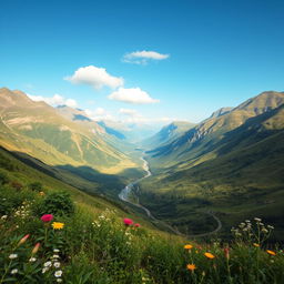 A breathtaking landscape view showcasing a lush, vibrant valley surrounded by majestic mountains under a bright blue sky