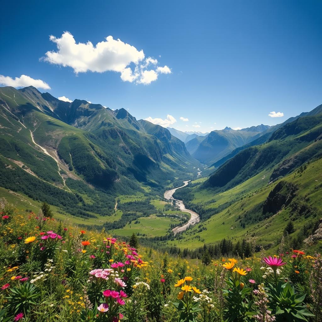 A breathtaking landscape view showcasing a lush, vibrant valley surrounded by majestic mountains under a bright blue sky