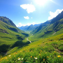 A breathtaking landscape view showcasing a lush, vibrant valley surrounded by majestic mountains under a bright blue sky