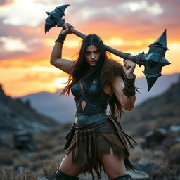 A powerful brunette barbarian woman wielding a massive two-handed mace