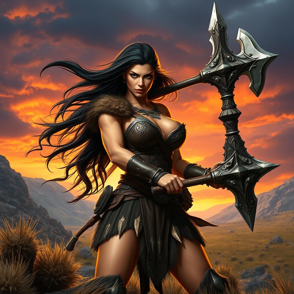 A powerful brunette barbarian woman wielding a massive two-handed mace