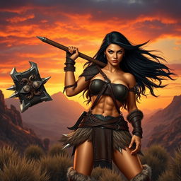 A powerful brunette barbarian woman wielding a massive two-handed mace