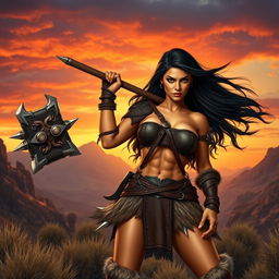 A powerful brunette barbarian woman wielding a massive two-handed mace