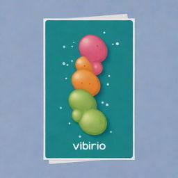 Create a cute, elongated comma-shaped 'Vibrio Vibes' card, an 'upcell' type. Visualize a playful cell moving fast and agile, showcasing the characteristics of vibrio bacteria. The cartoon-like cell-design should highlight its ability to evade moves or effects.