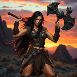 A powerful brunette barbarian woman wielding a massive two-handed mace