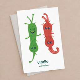 Create a cute, elongated comma-shaped 'Vibrio Vibes' card, an 'upcell' type. Visualize a playful cell moving fast and agile, showcasing the characteristics of vibrio bacteria. The cartoon-like cell-design should highlight its ability to evade moves or effects.