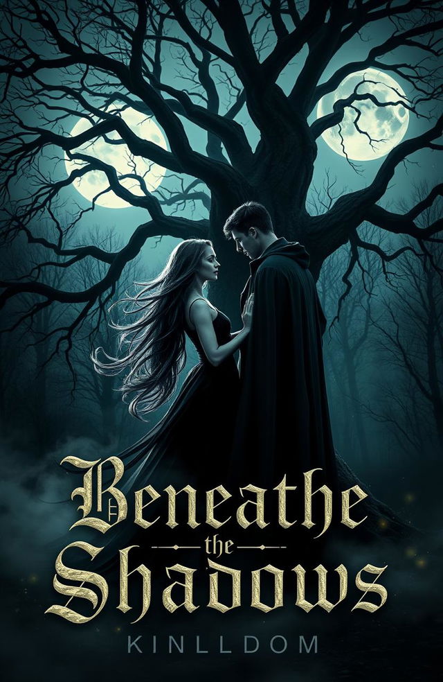 A captivating cover design for a dark romance book titled 'Beneath the Shadows'