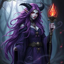 A mesmerizing tiefling woman, embodying the essence of a powerful witch, with striking porcelain skin and unique features