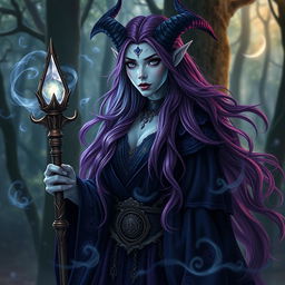 A mesmerizing tiefling woman, embodying the essence of a powerful witch, with striking porcelain skin and unique features