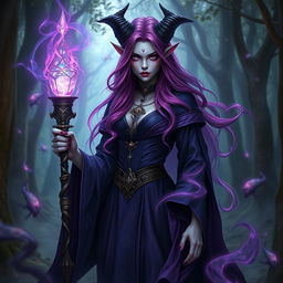 A mesmerizing tiefling woman, embodying the essence of a powerful witch, with striking porcelain skin and unique features