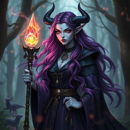 A mesmerizing tiefling woman, embodying the essence of a powerful witch, with striking porcelain skin and unique features