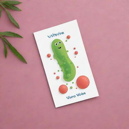 Create a cute, elongated comma-shaped 'Vibrio Vibes' card, an 'upcell' type. Visualize a playful cell moving fast and agile, showcasing the characteristics of vibrio bacteria. The cartoon-like cell-design should highlight its ability to evade moves or effects.