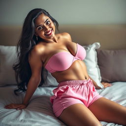 A seductive Indian woman with large breasts, dressed in stylish pink shorts, lounging on a plush bed