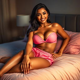 A seductive Indian woman with large breasts, dressed in stylish pink shorts, lounging on a plush bed