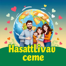 A vibrant poster titled "Счастливая семья" (Happy Family) featuring a joyful family of diverse backgrounds standing in front of a large, beautifully detailed globe of Earth