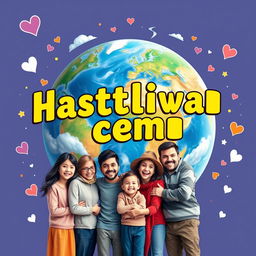 A vibrant poster titled "Счастливая семья" (Happy Family) featuring a joyful family of diverse backgrounds standing in front of a large, beautifully detailed globe of Earth