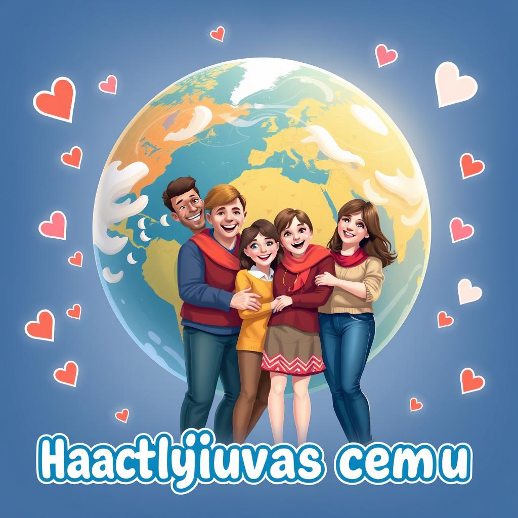 A vibrant poster titled "Счастливая семья" (Happy Family) featuring a joyful family of diverse backgrounds standing in front of a large, beautifully detailed globe of Earth