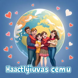 A vibrant poster titled "Счастливая семья" (Happy Family) featuring a joyful family of diverse backgrounds standing in front of a large, beautifully detailed globe of Earth