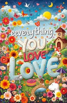 An imaginative and whimsical representation of 'everything you love', featuring a colorful collage of joyful elements such as vibrant flowers, delicious food, playful animals, dreamy landscapes, and delightful experiences, all harmoniously integrated to create a feeling of happiness and love