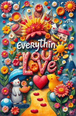 An imaginative and whimsical representation of 'everything you love', featuring a colorful collage of joyful elements such as vibrant flowers, delicious food, playful animals, dreamy landscapes, and delightful experiences, all harmoniously integrated to create a feeling of happiness and love