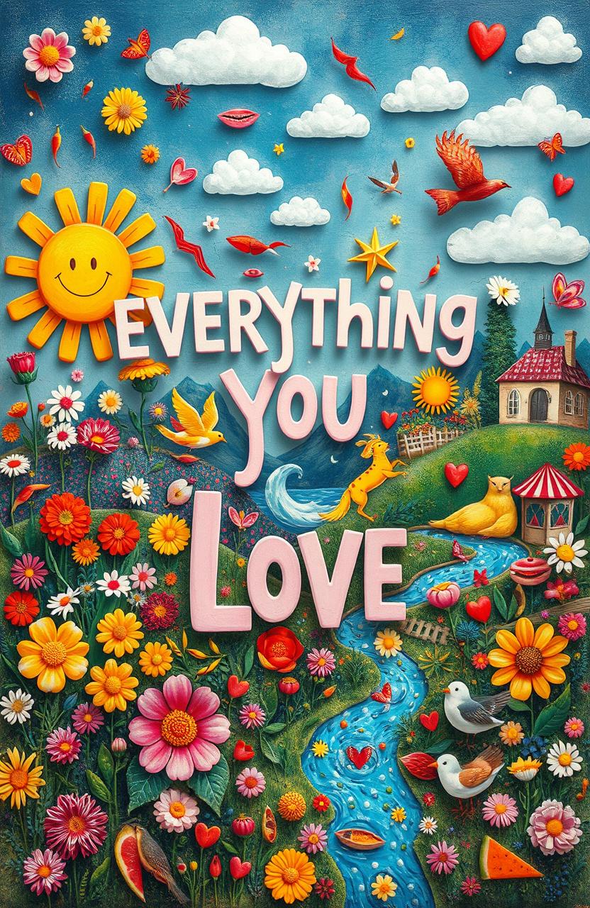 An imaginative and whimsical representation of 'everything you love', featuring a colorful collage of joyful elements such as vibrant flowers, delicious food, playful animals, dreamy landscapes, and delightful experiences, all harmoniously integrated to create a feeling of happiness and love