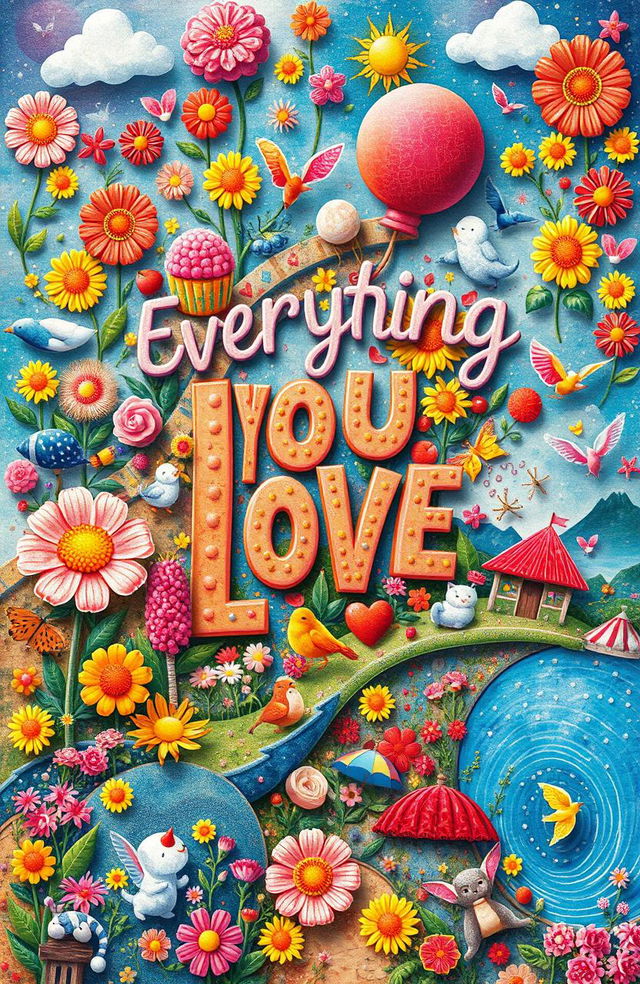 An imaginative and whimsical representation of 'everything you love', featuring a colorful collage of joyful elements such as vibrant flowers, delicious food, playful animals, dreamy landscapes, and delightful experiences, all harmoniously integrated to create a feeling of happiness and love