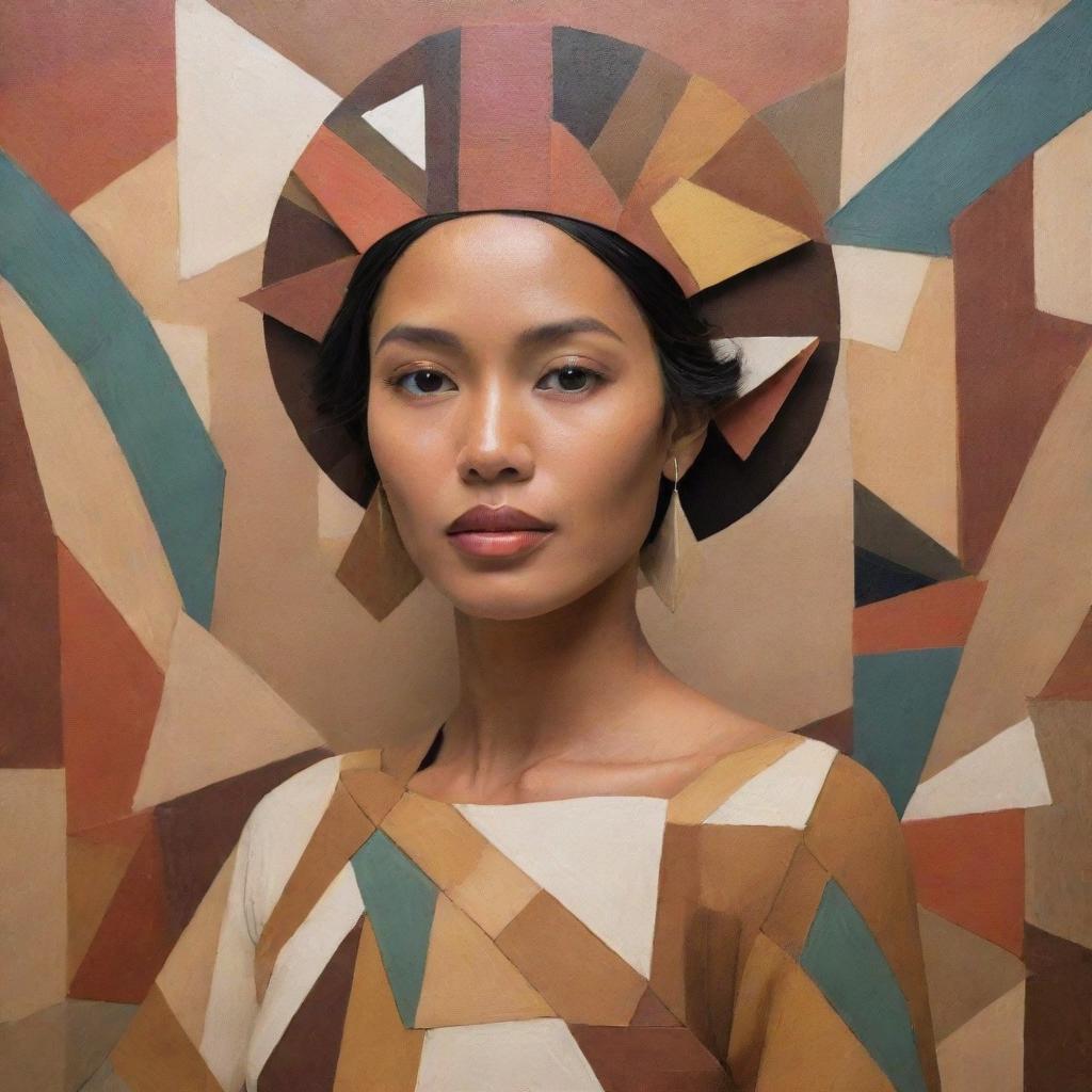 A Cubist interpretation of a Filipina woman in traditional attire, fragmented and viewed from multiple angles in earthy tones. The backdrop blends geometric elements symbolizing the Philippine archipelago, a jeepney, and a Sunbird.