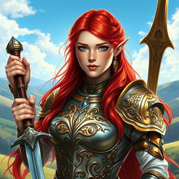 A striking red-haired elven paladin, showcasing her beauty and strength