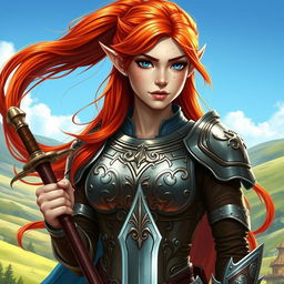 A striking red-haired elven paladin, showcasing her beauty and strength