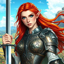 A striking red-haired elven paladin, showcasing her beauty and strength