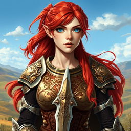 A striking red-haired elven paladin, showcasing her beauty and strength