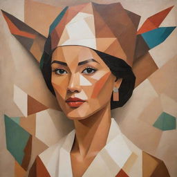 A Cubist interpretation of a Filipina woman in traditional attire, fragmented and viewed from multiple angles in earthy tones. The backdrop blends geometric elements symbolizing the Philippine archipelago, a jeepney, and a Sunbird.