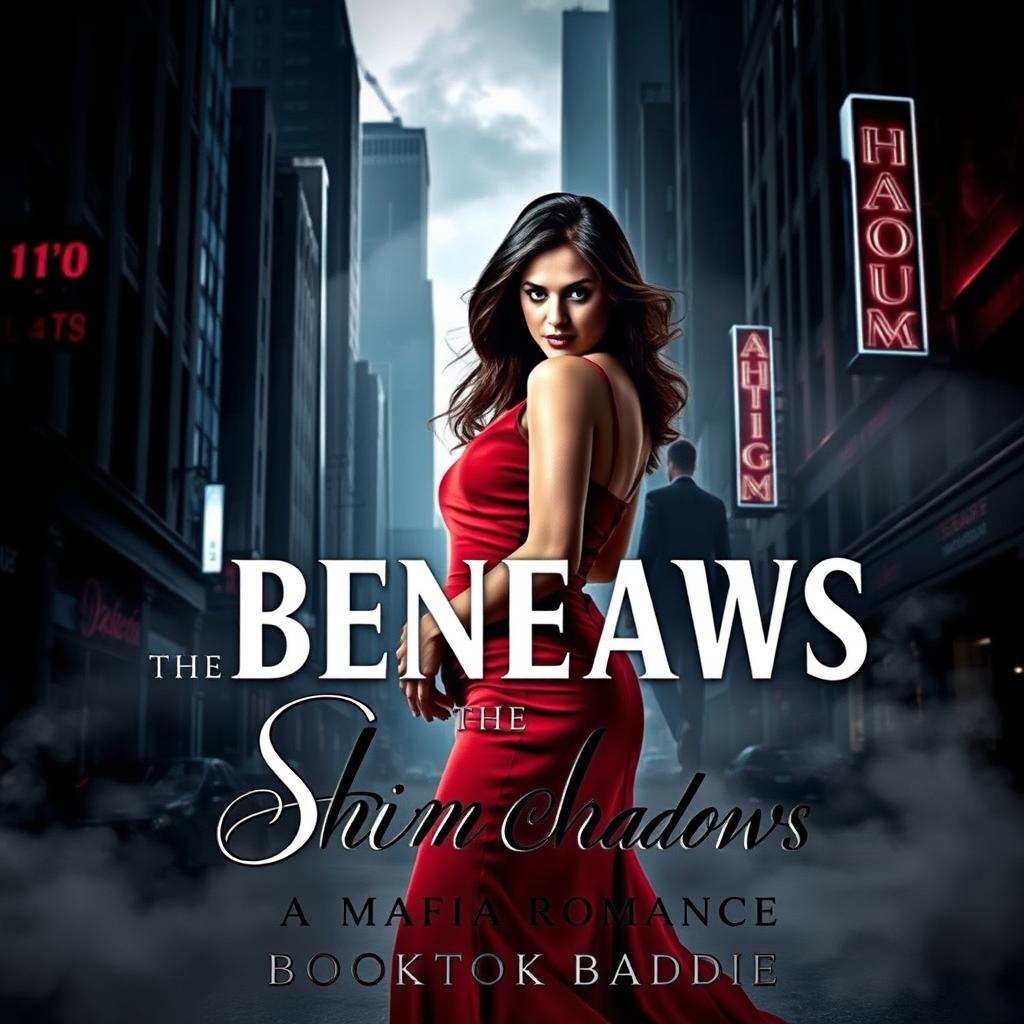 An eye-catching cover design for a dark romance book titled 'Beneath the Shadows: A Mafia Romance' by BookTok Baddie