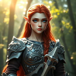 An exquisite elven paladin with vibrant red hair cascading down her back, showcasing her ethereal beauty