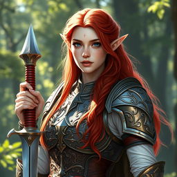 An exquisite elven paladin with vibrant red hair cascading down her back, showcasing her ethereal beauty