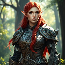 An exquisite elven paladin with vibrant red hair cascading down her back, showcasing her ethereal beauty