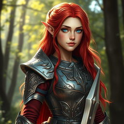 An exquisite elven paladin with vibrant red hair cascading down her back, showcasing her ethereal beauty