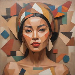 A Cubist interpretation of a Filipina woman in traditional attire, fragmented and viewed from multiple angles in earthy tones. The backdrop blends geometric elements symbolizing the Philippine archipelago, a jeepney, and a Sunbird.