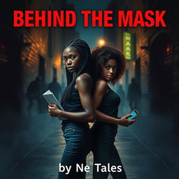 A suspenseful book cover featuring two young African women, Nia and Kiara, standing back-to-back in a dimly lit alley